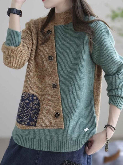 Mya Loose Crew Neck Colorblock Knitted Pullover Top