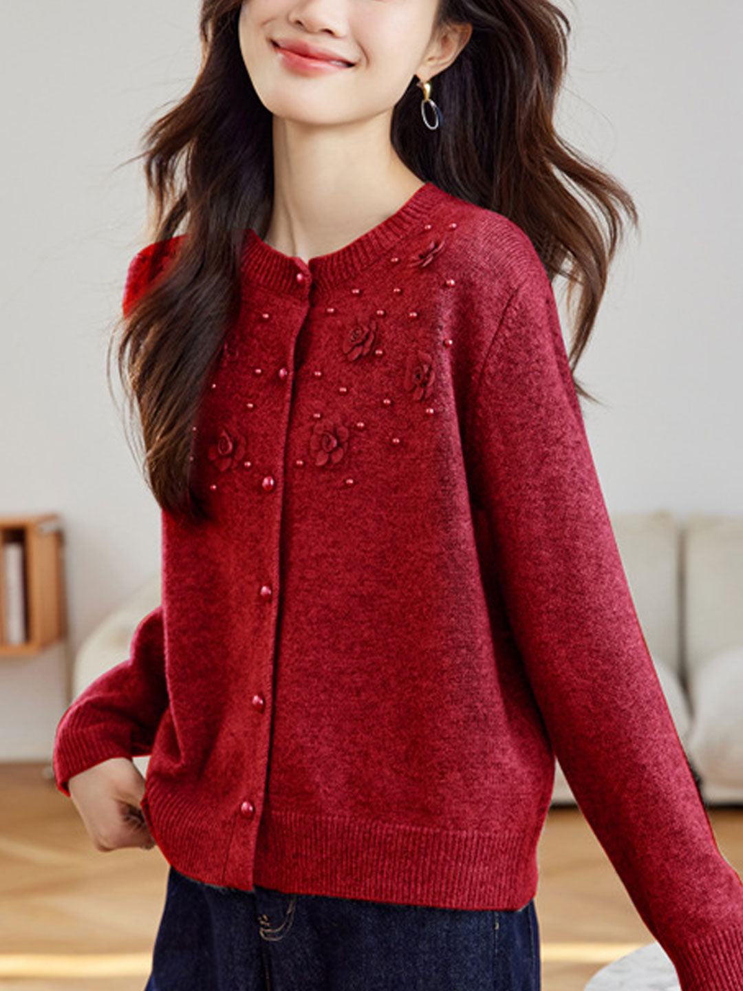 Aaliyah Classic Crew Neck Beaded Knitted Cardigan