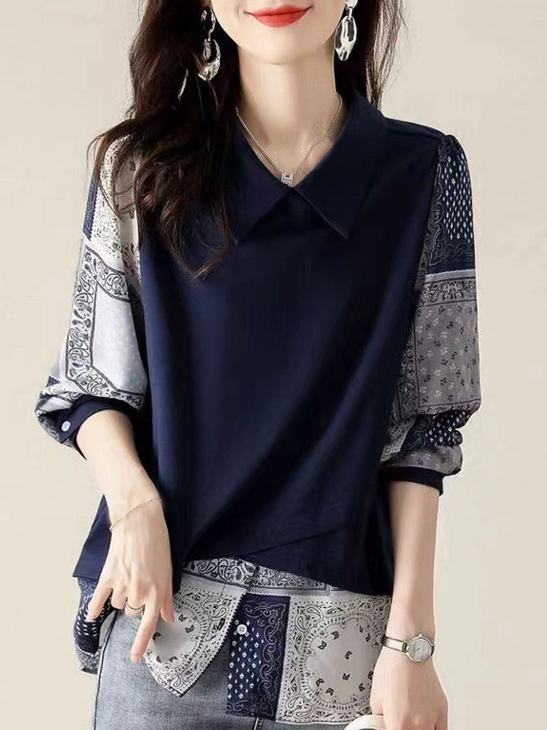 Zoe Casual Contrasting Chiffon Pullover Shirt