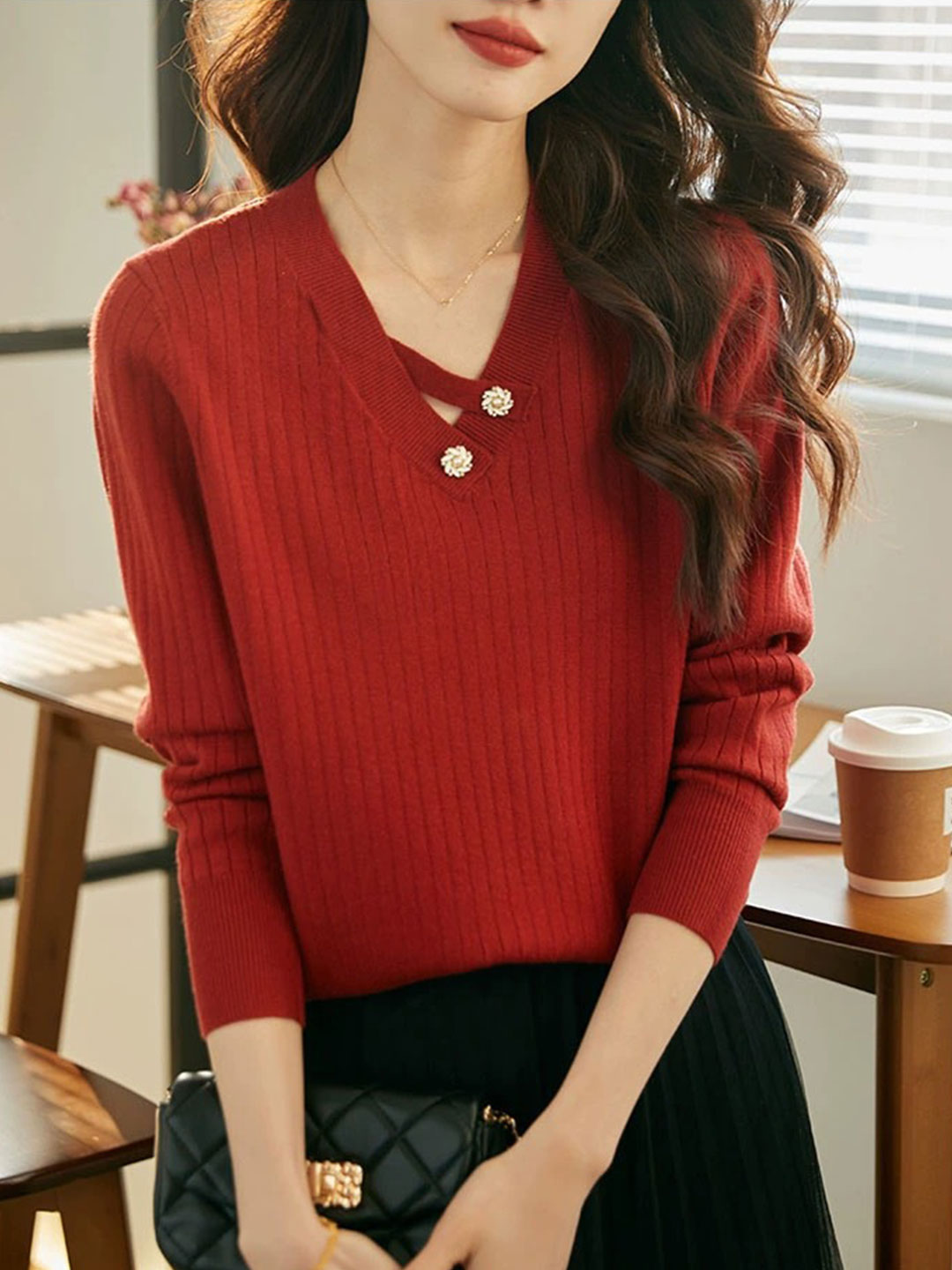 Olivia Elegant V-Neck Hollowed Pullover Knitted Sweater