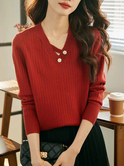 Olivia Elegant V-Neck Hollowed Pullover Knitted Sweater