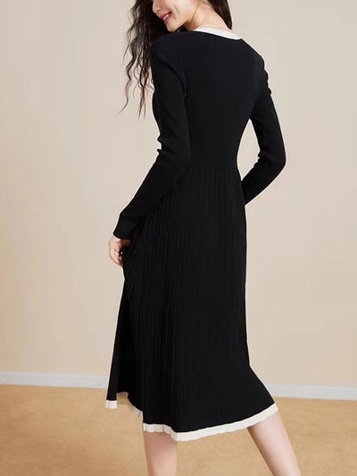 Natalie Contrasting Color Pleated Knitted Sweater Dress