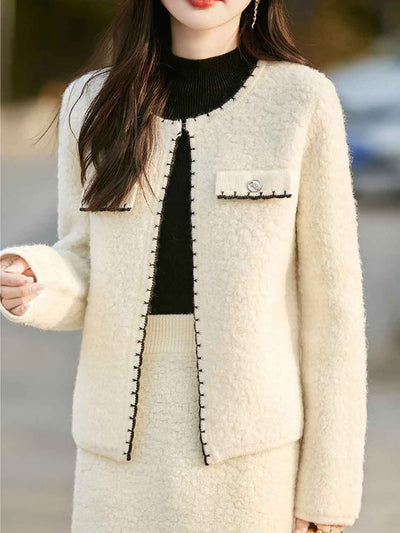 Aaliyah Elegant Crew Neck Tweed Knitted Coat