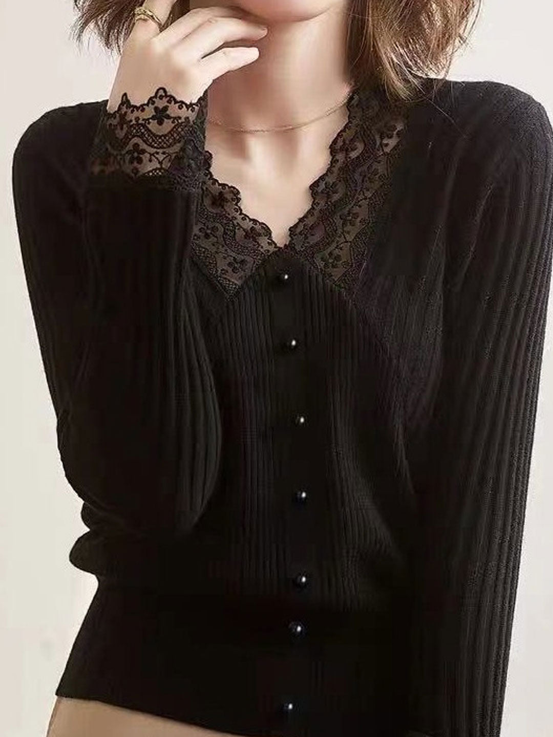 Victoria Elegant V-neck Hollowed Lace Knitted Top