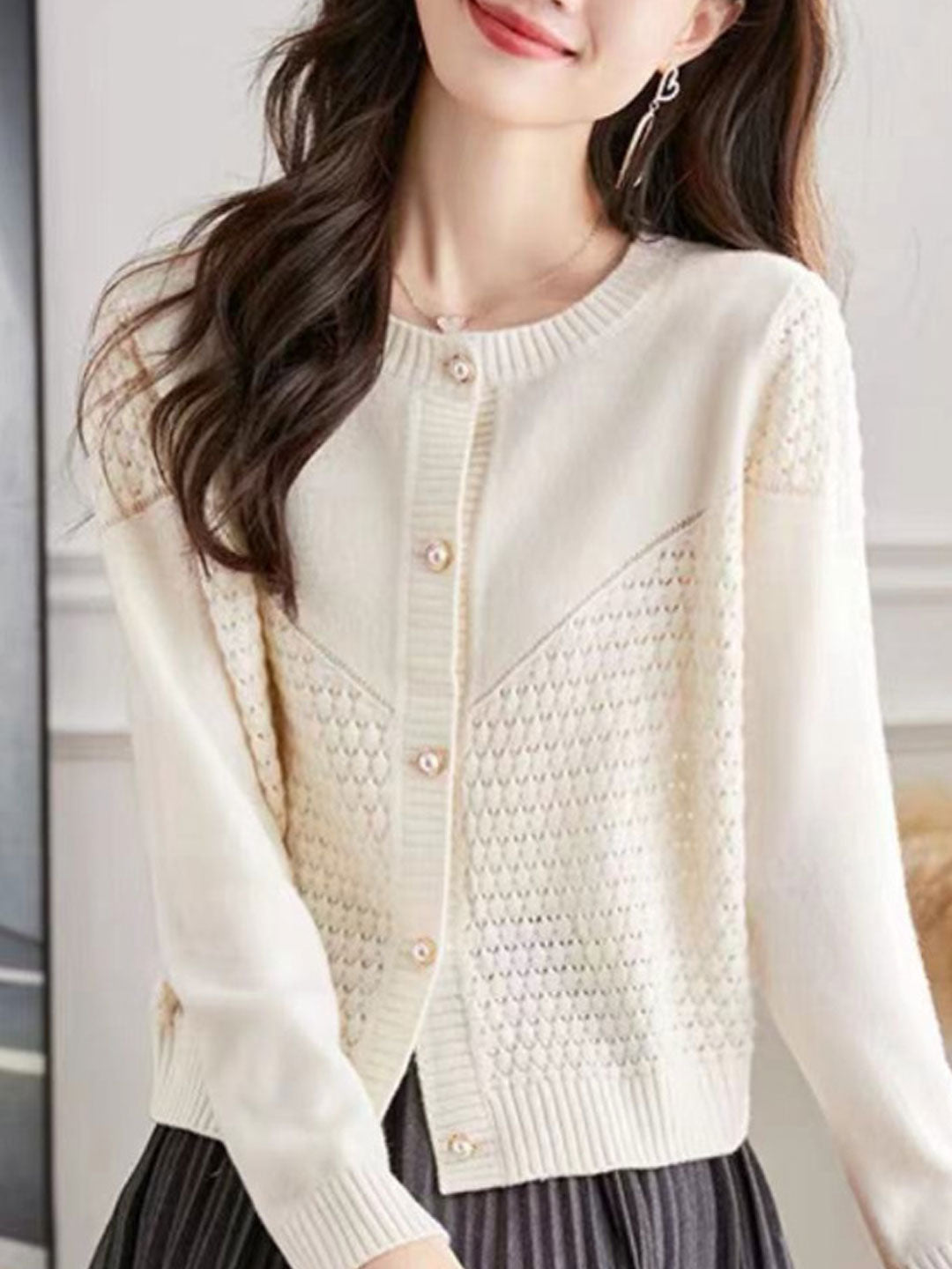 Sophia Loose Crew Neck Knitted Sweater Cardigan-Camel