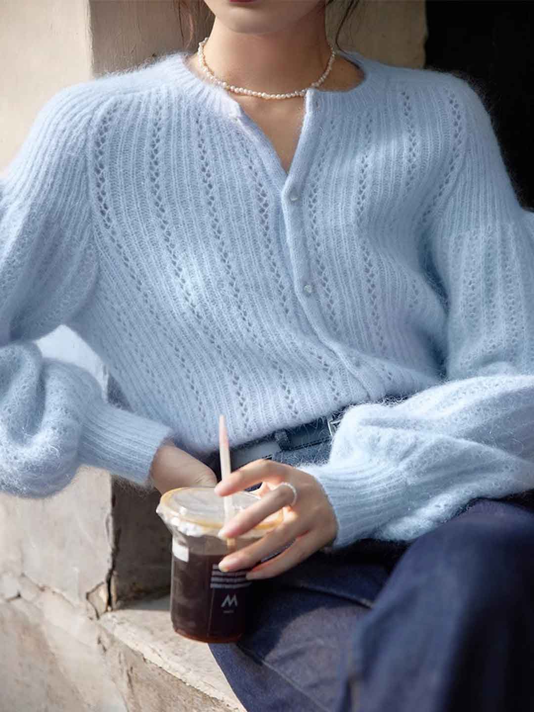 Sarah Classic Crew Neck Lantern Sleeve Solid Color Knitted Cardigan