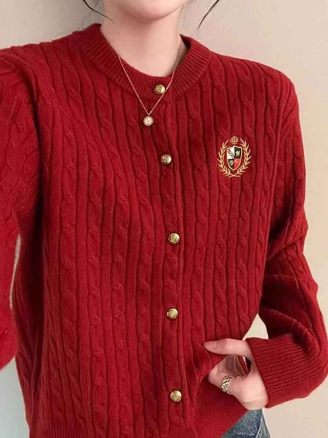 Zoey Loose Crew Neck Embroidered Knitted Cardigan