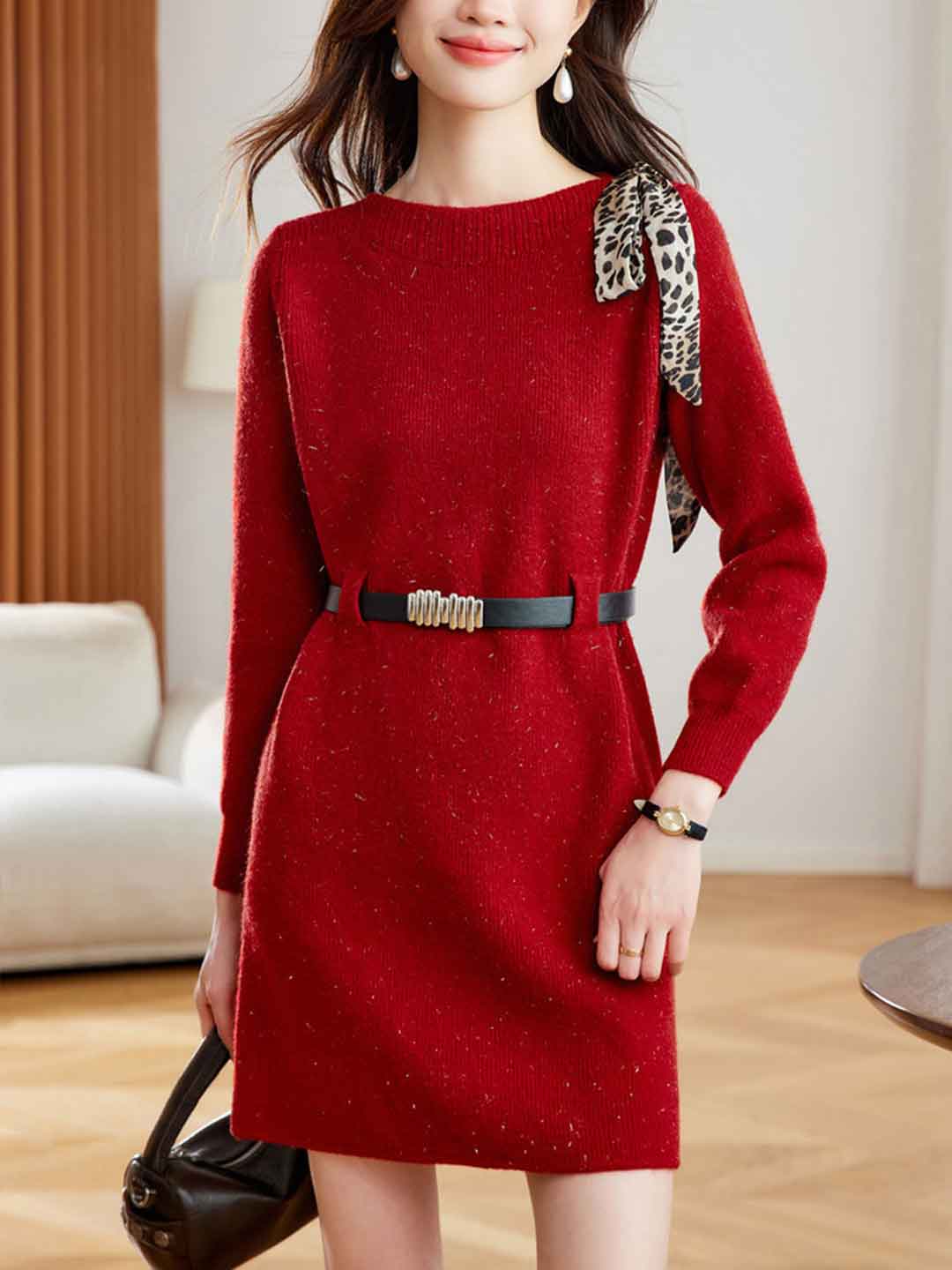 Taylor Casual Crew Neck Scarf Knitted Dress