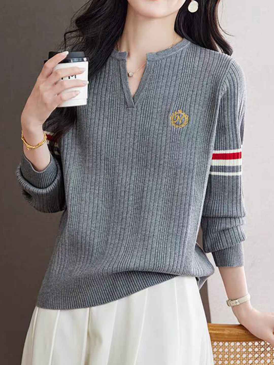 Valeria Loose V-Neck Striped Knitted Top