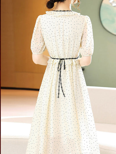 Olivia Retro Chiffon Polka-Dot Dress-Apricot