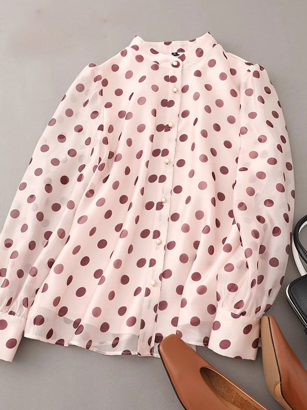 Alexis Retro Polka Dot Printed Chiffon Shirt-Pink