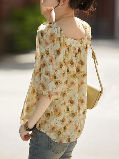 Emma Retro Square Neck Printed Chiffon Top