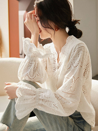 Hannah Retro Hollow Embroidered Blouse