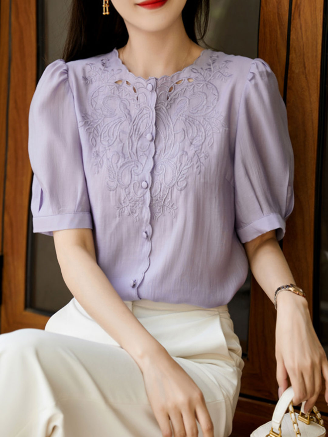 Jocelyn Elegant Embroidered Lantern Sleeve Shirt-Purple