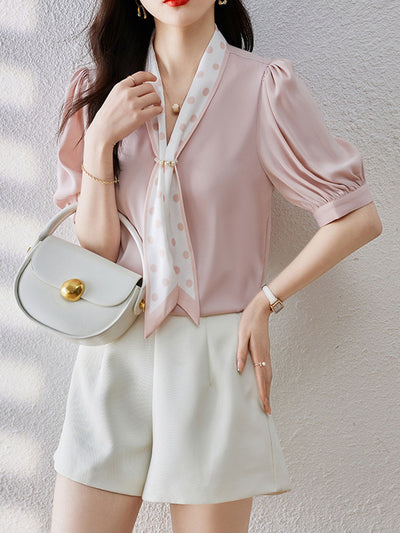 Kaitlyn Classic Printed Bow Satin Shirt-Pink