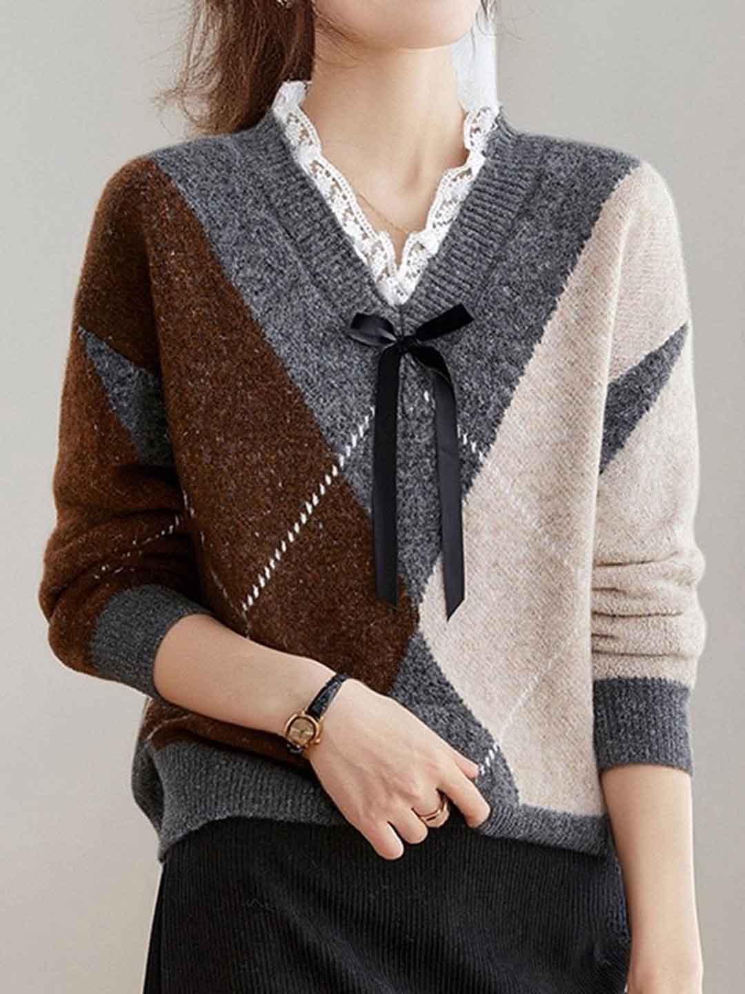 Sarah Casual V-Neck Lace Colorblocked Knitted Sweater