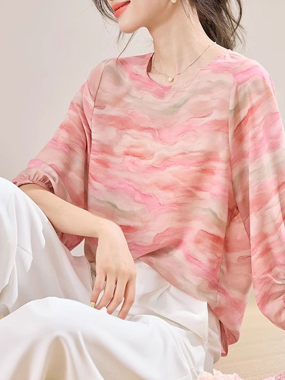 Rachel Loose Crew Neck Lantern Sleeve Chiffon Top