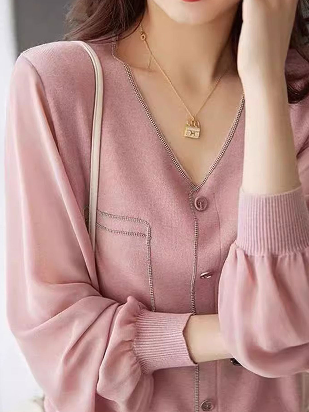 Olivia Loose V-Neck Lantern Sleeve Knitted Top