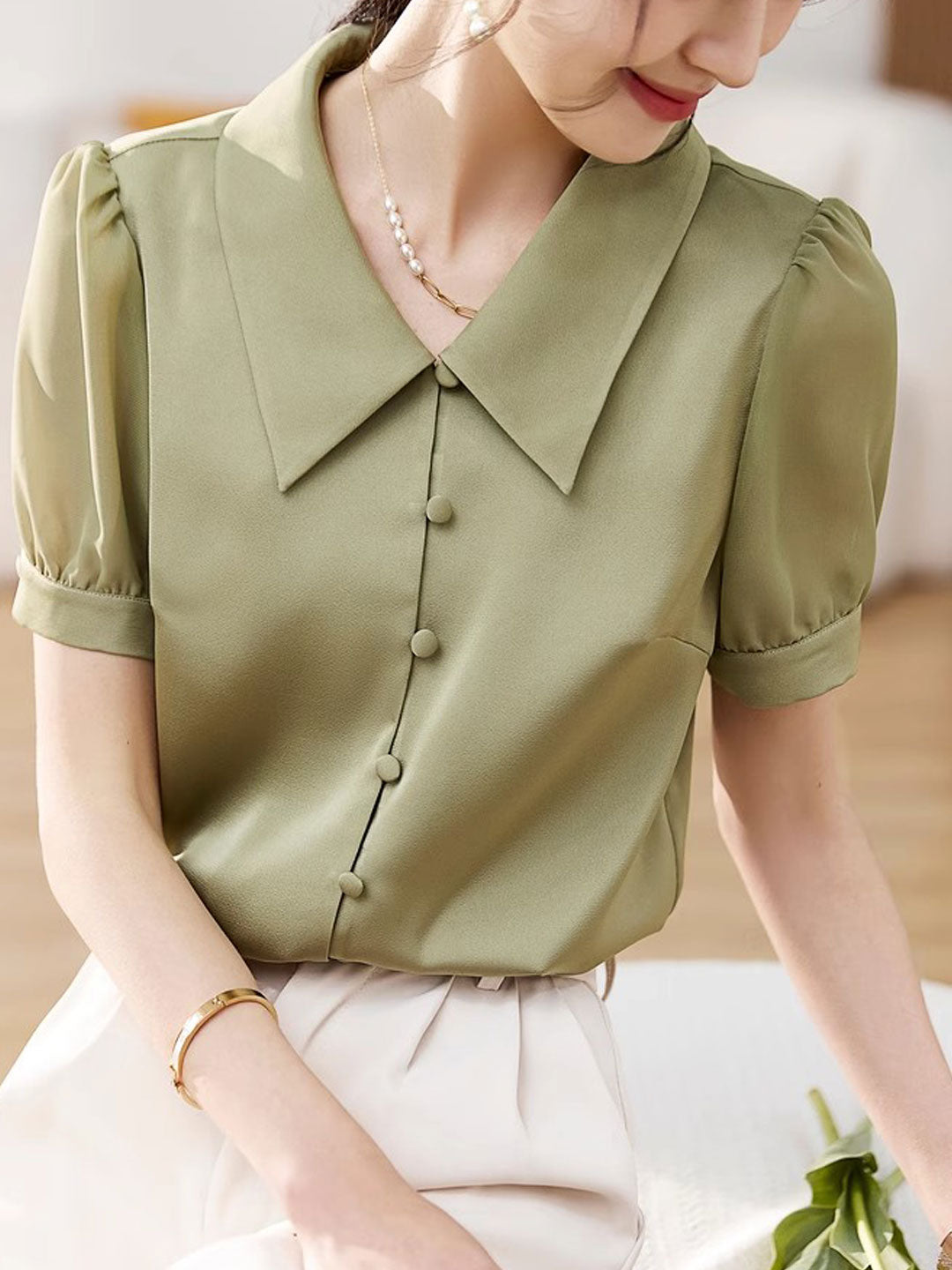 Morgan Casual Lapel Puff Sleeve Satin Shirt