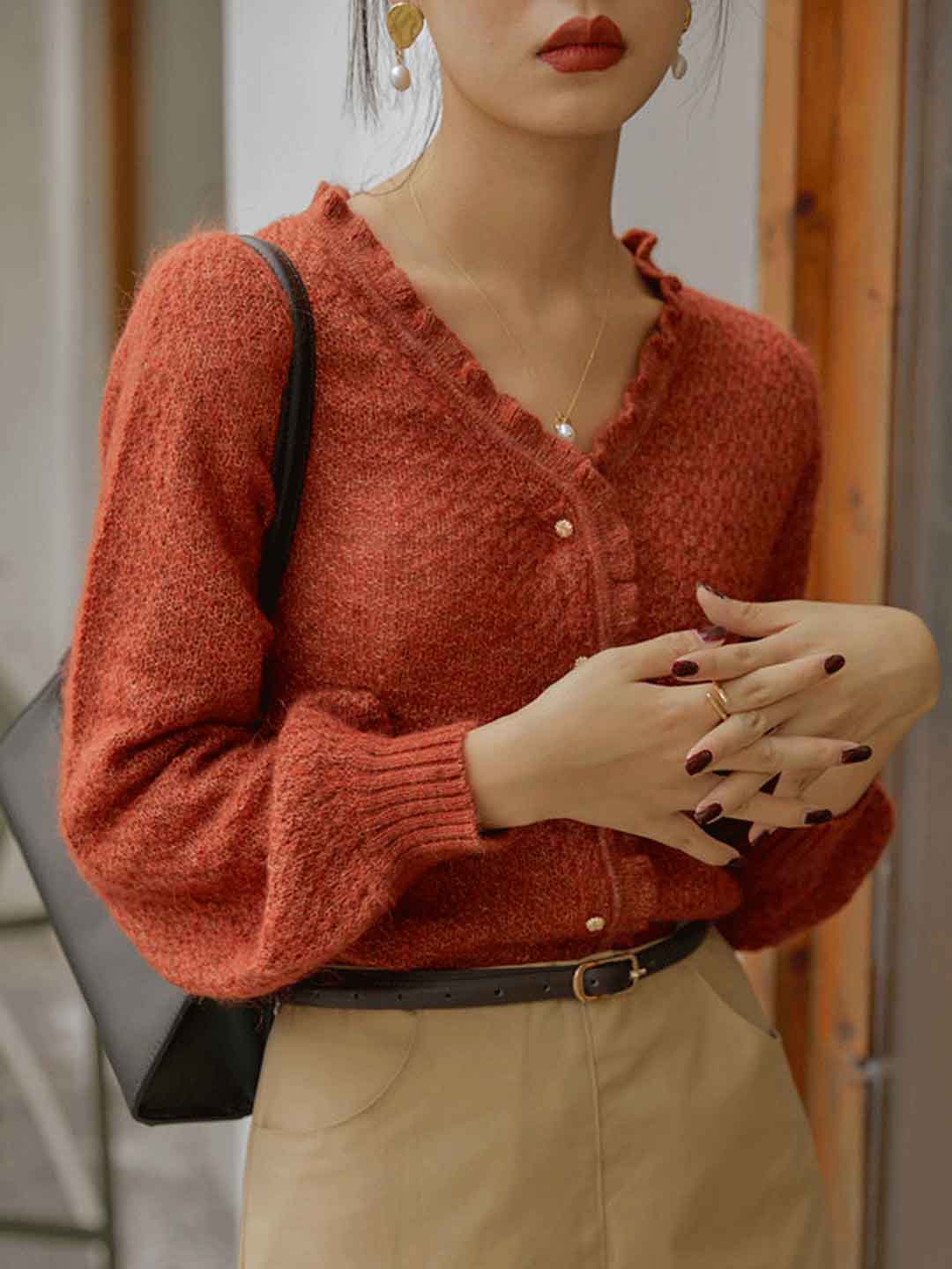 Grace Retro Auricular Collar Solid Color Knitted Cardigan