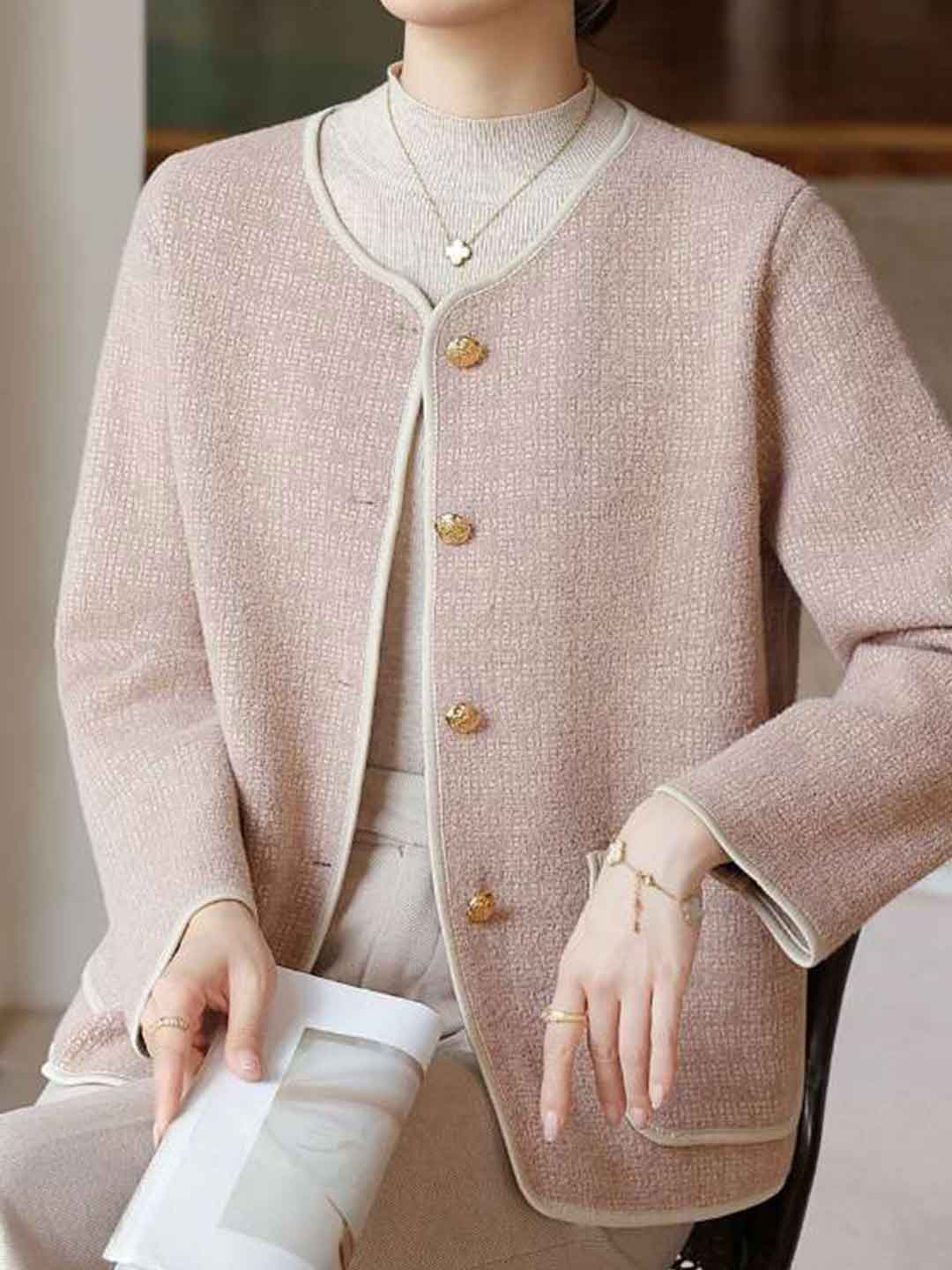 Hannah Elegant Crew Neck Tweed Coat
