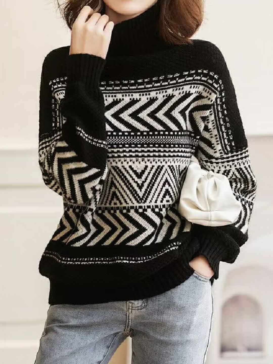 Madison Vintage Turtleneck Jacquard Knitted Sweater