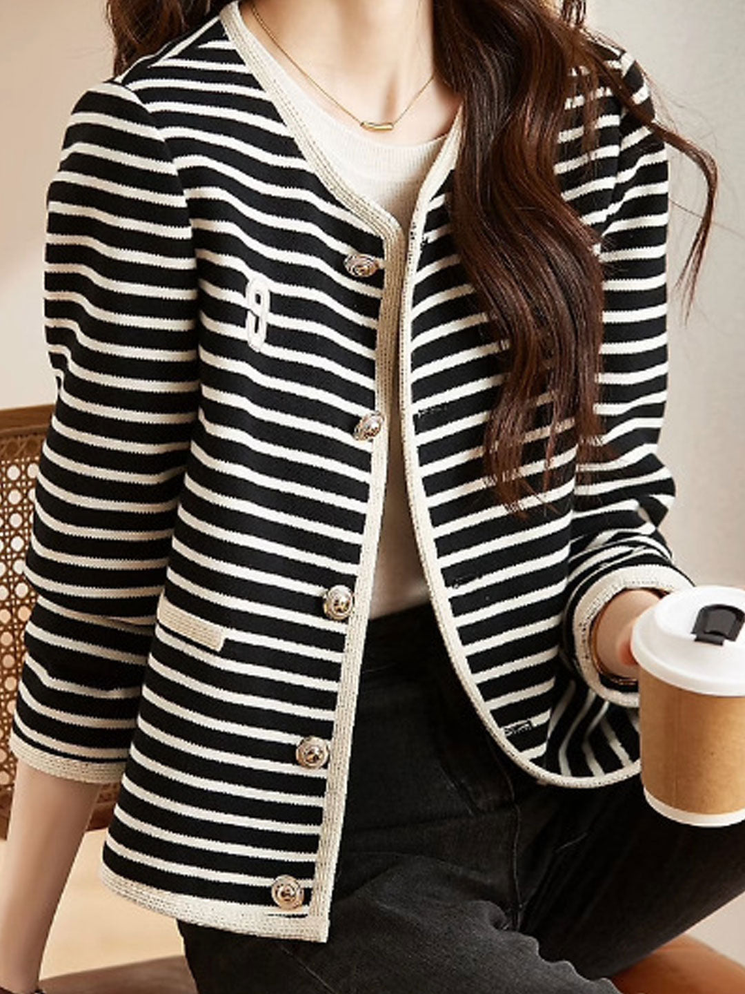 Sarah Retro Crew Neck Striped Cardigan