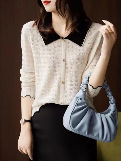 Kayla Retro Contrast Color Doll Collar Knitted Top-Apricot