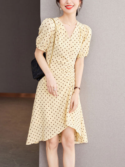 Chloe V-Neck Polka Dot Printed Irregular Dress-Yellow