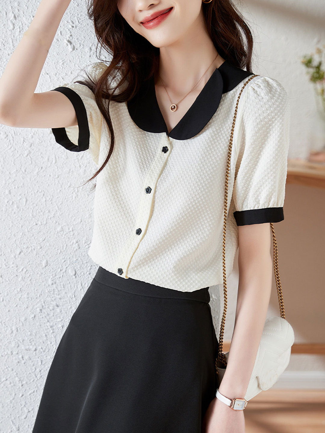 Claire Retro Doll Collar Contrasted Chiffon Shirt