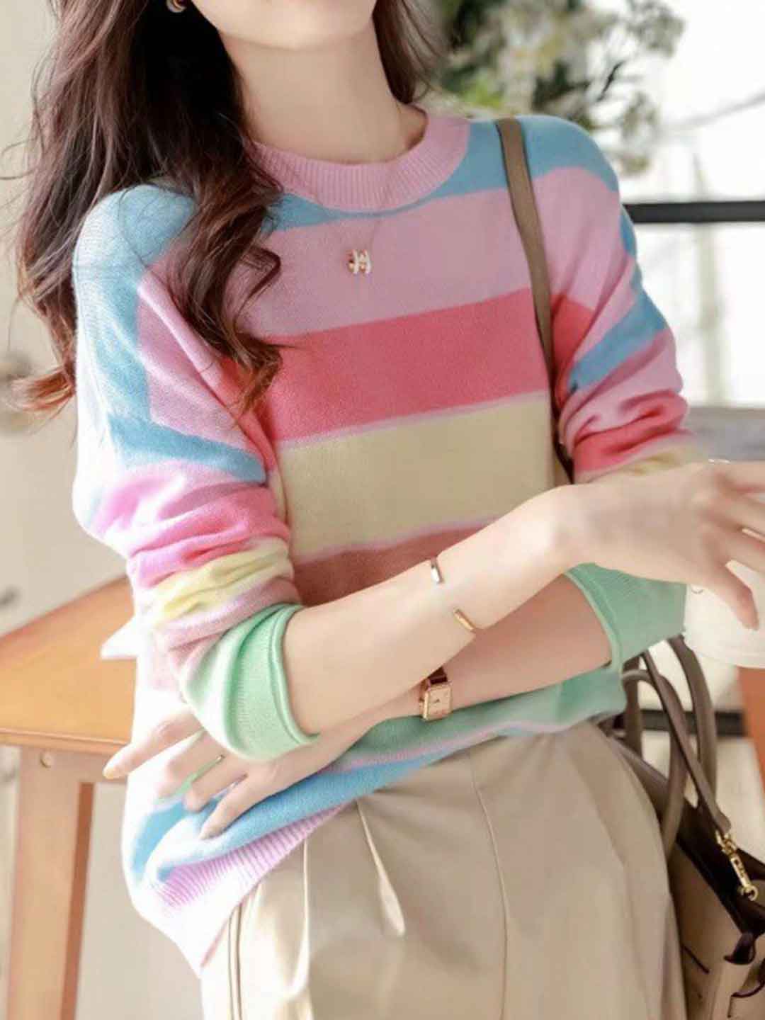 Zoey Loose Crew Neck Striped Pullover Knitted Sweater