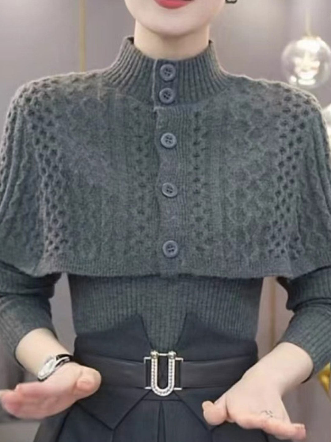 Sophia Classic Turtleneck Knitted Shawl Sweater Set