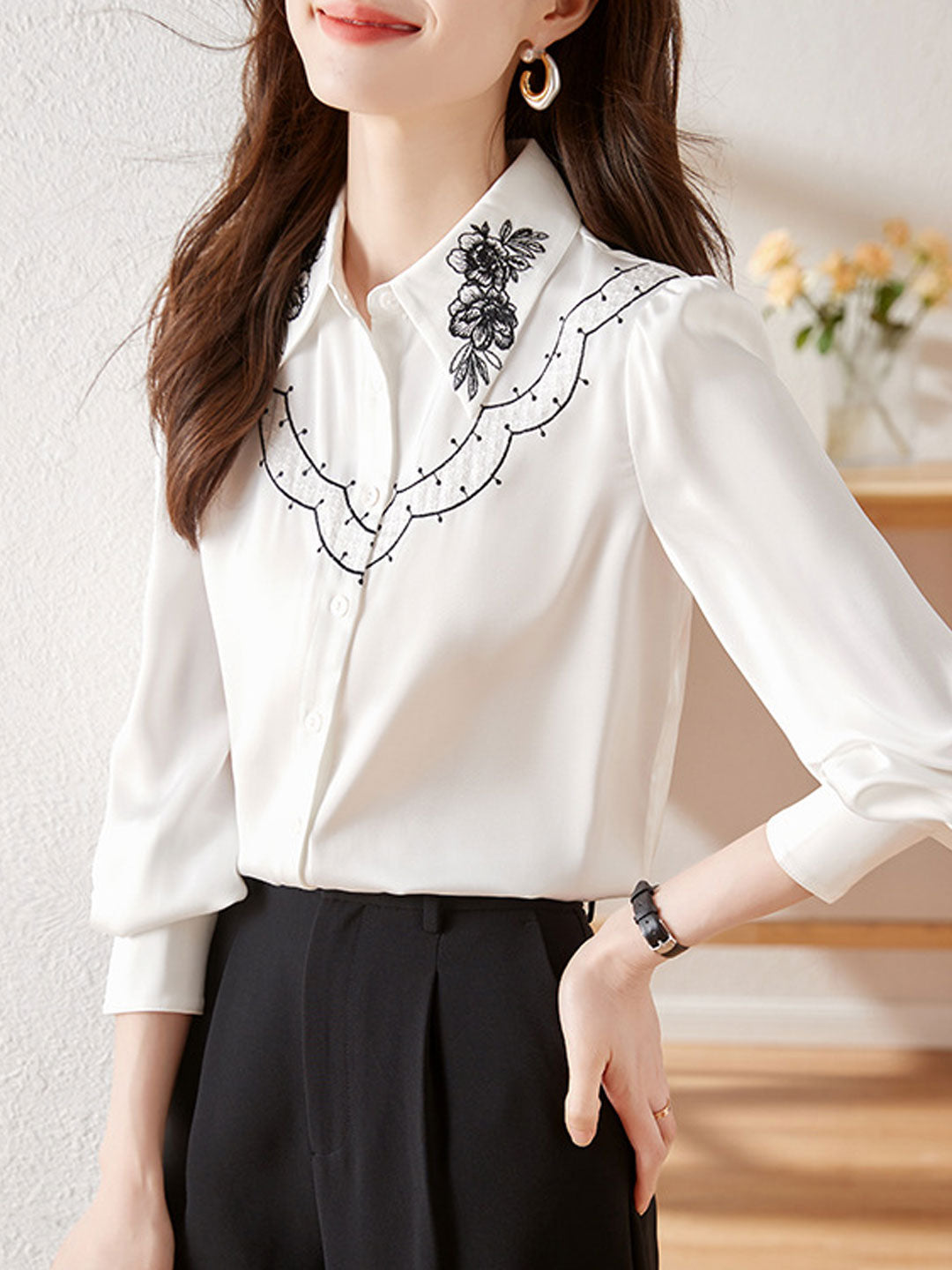 Paige Classic Embroidered Doll Collar Puff Sleeve Shirt