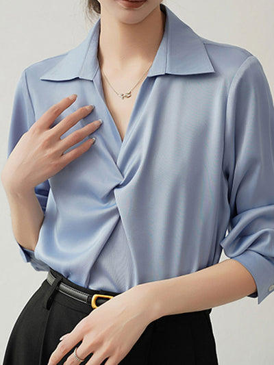 Emily Loose V-Neck Solid Color Satin Shirt