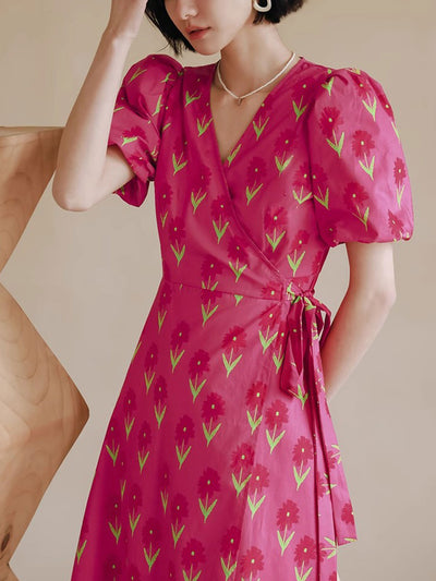 Hannah Retro V-Neck Floral Printed Dress