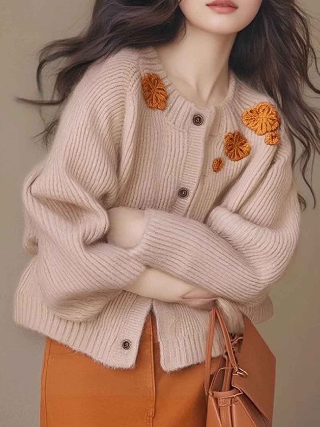 Aaliyah Classic Crew Neck Embroidered Knitted Cardigan