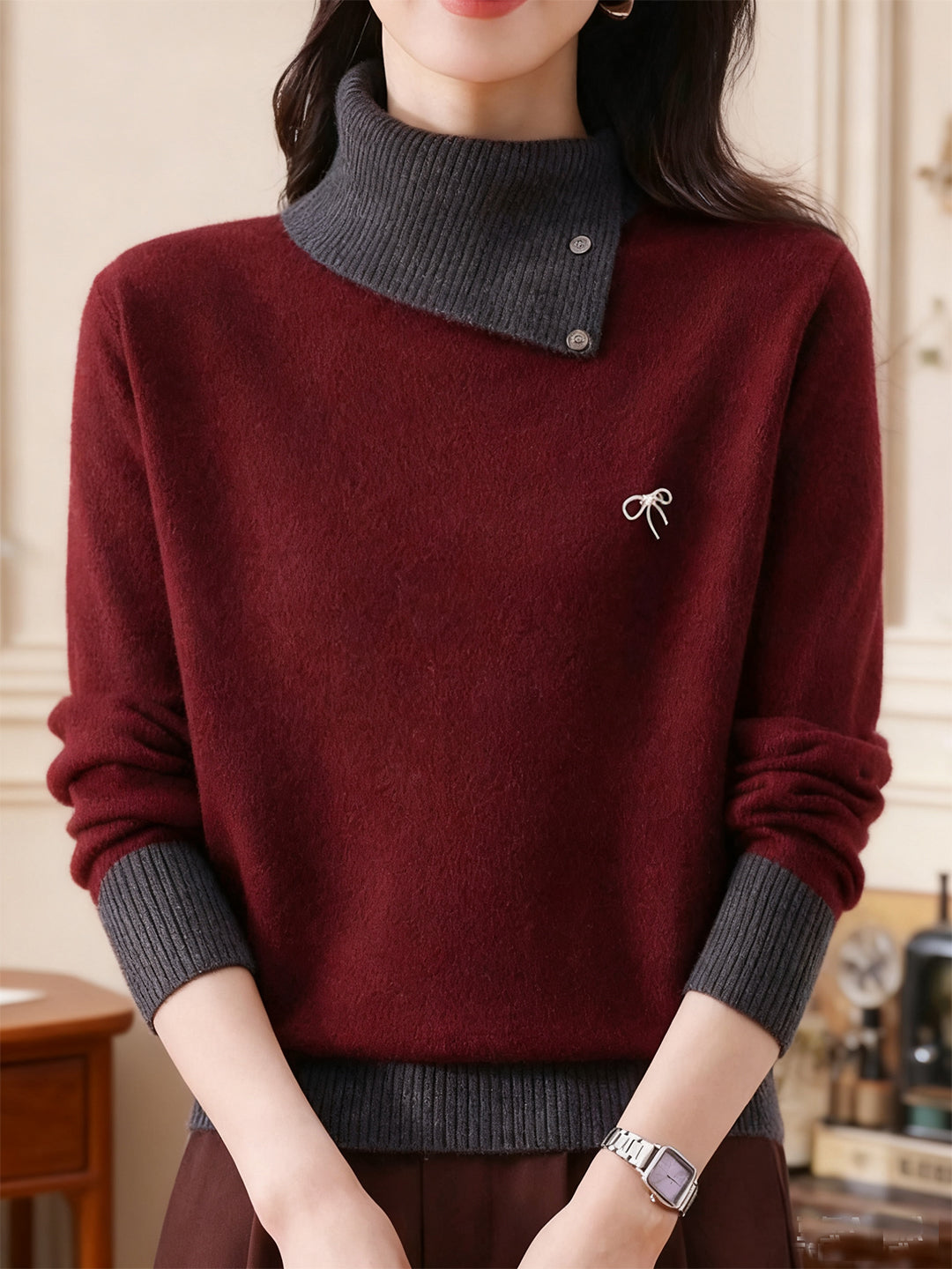 Olivia Classic Turtleneck Contrasted Panelled Knitted Sweater