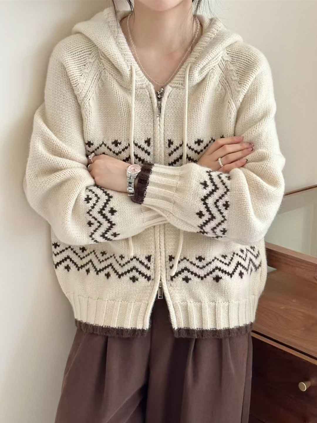 Ashley Casual Jacquard Hooded Knitted Cardigan