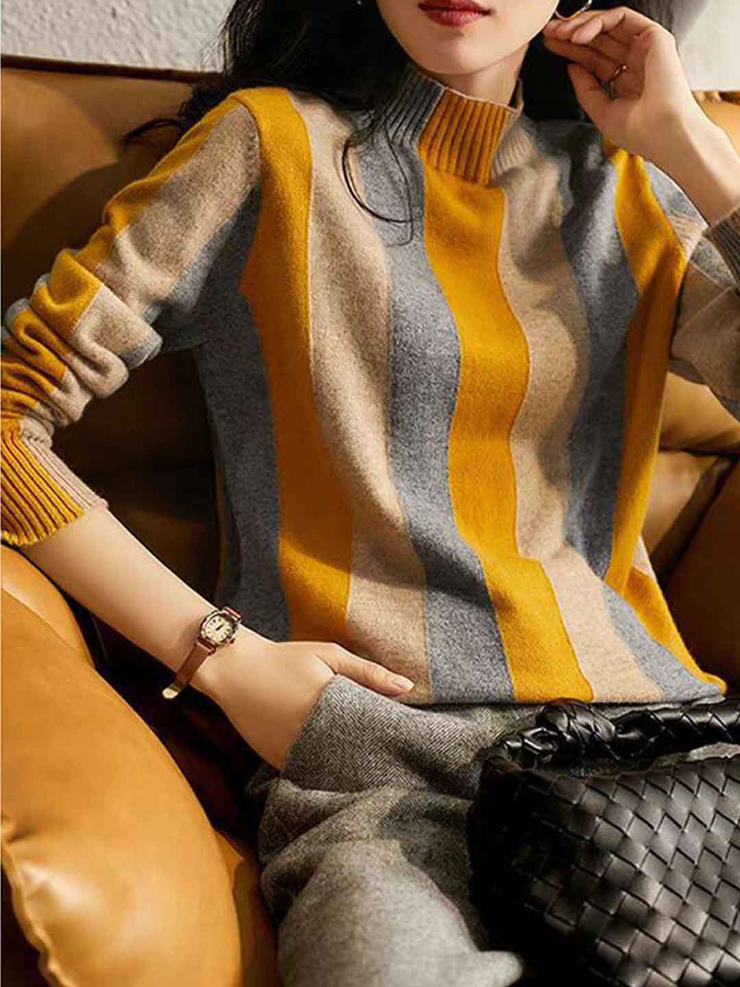 Jessica Casual Turtleneck Striped Knitted Top