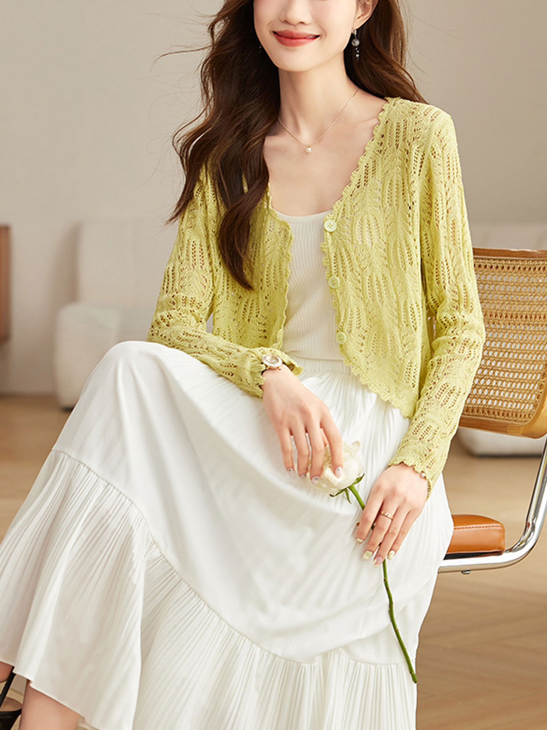 Emma Elegant V-Neck Hollowed Ice Silk Knitted Cardigan-Yellow