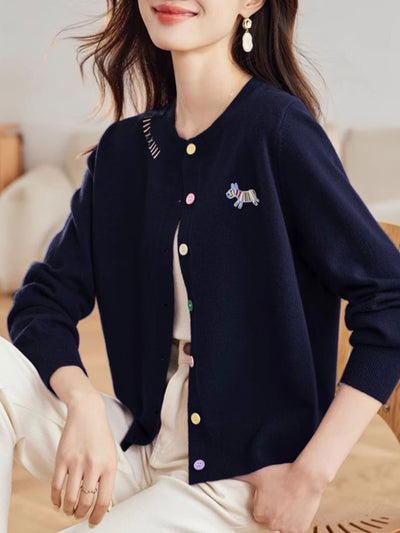 Camila Loose Embroidered Colorful Buttons Knitted Cardigan