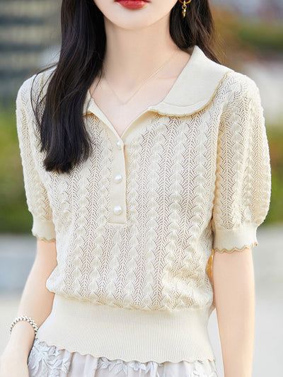 Ava Loose Polo Hollowed Knitted Top