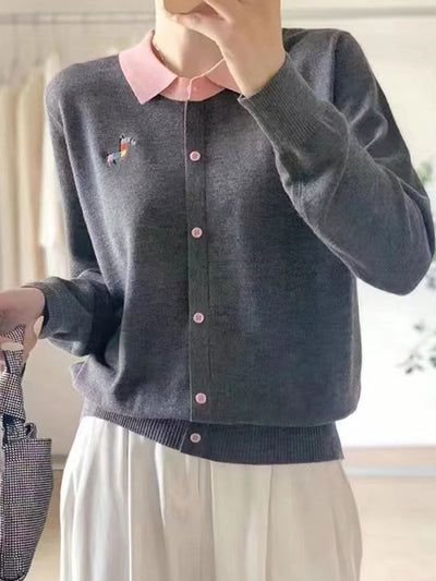 Alyssa Polo Colorblock Embroidered Knitted Cardigan-Gray