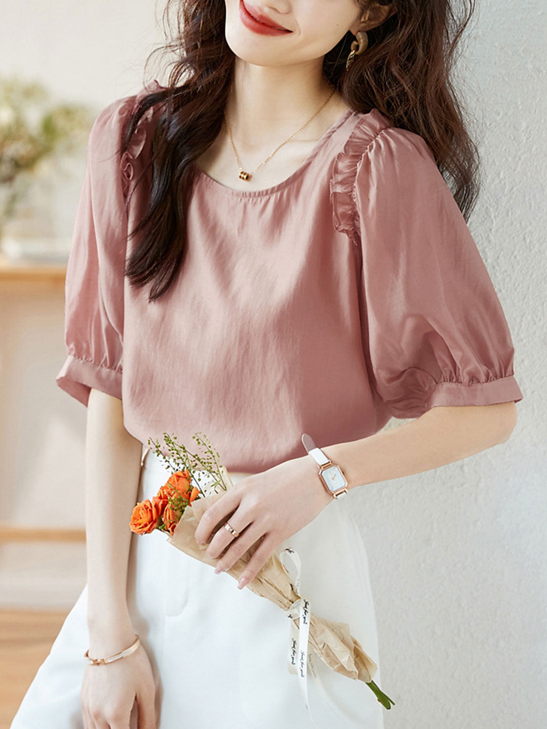 Isabella Casual Ruffled Textured Chiffon Top