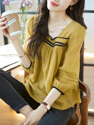 Bella Classic Back Hollowed Blouse-Khaki