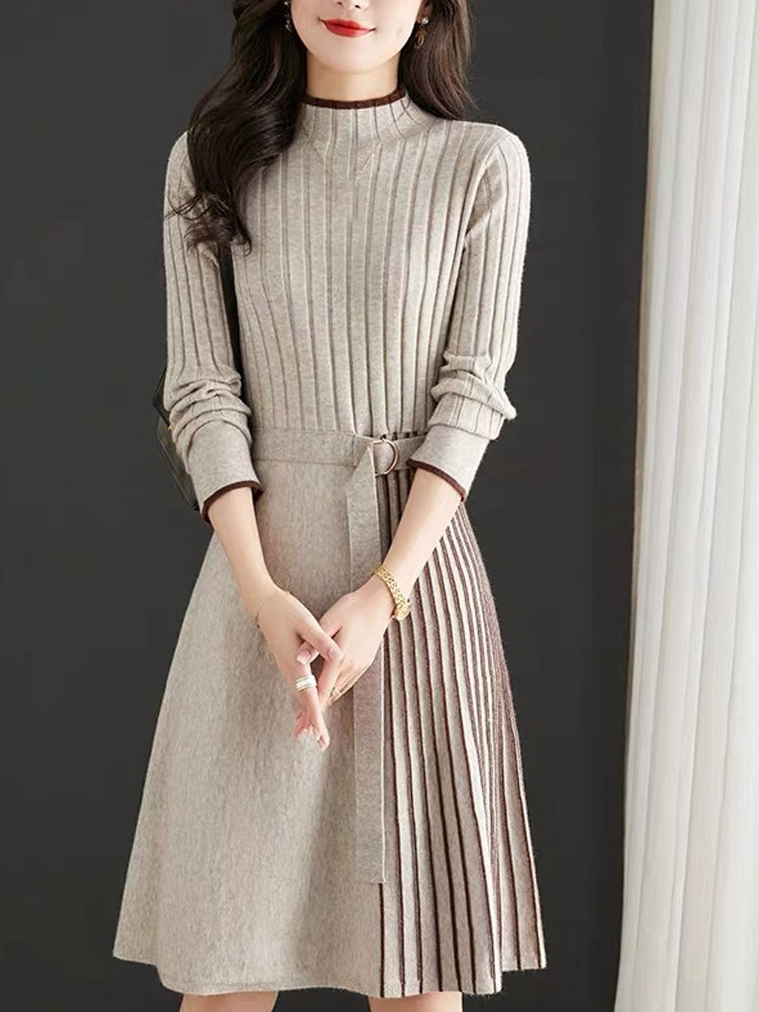 Natalie Elegant Turtleneck Knitted Pleated Dress
