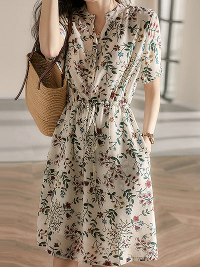 Faith V-Neck Printed Drawstring Chiffon Dress