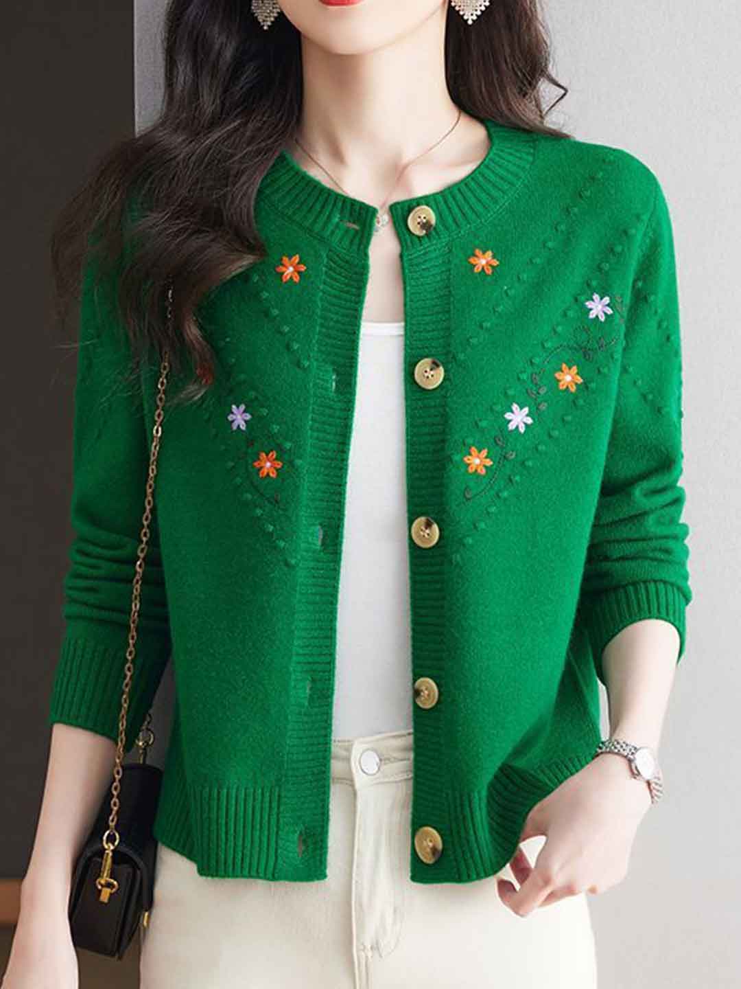 Faith Classic Crew Neck Embroidered Floral Knitted Cardigan