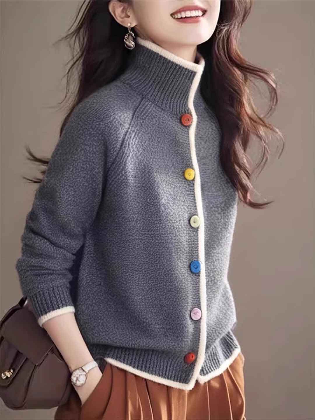 Olivia Casual Turtleneck Colorful Buttons Knitted Cardigan