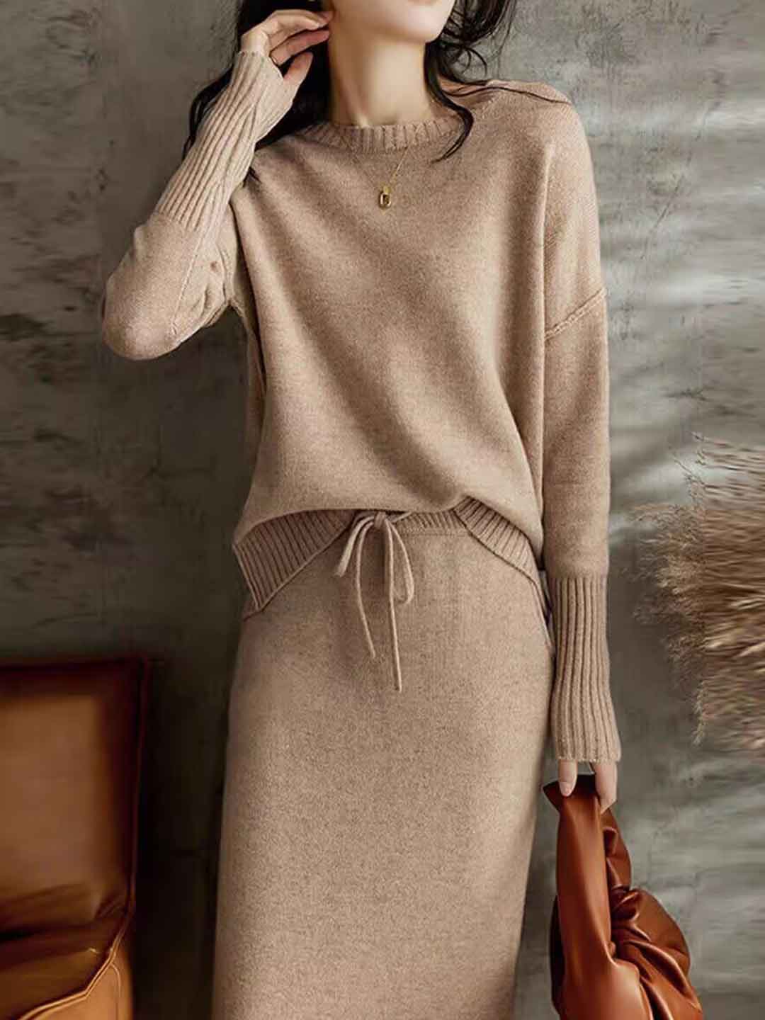 Isabella Elegant Solid Color Drawstring Knitted Dress Set